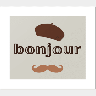 Bonjour hello French speaking phrase beret moustache Posters and Art